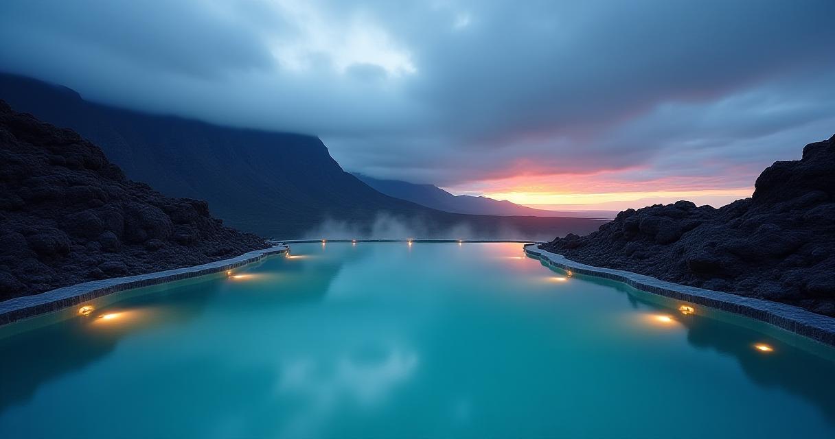 Luxury geothermal spa pool overlooking volcanic landscape